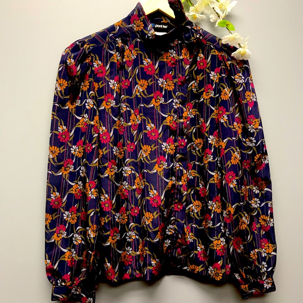 Vintage Panther Women’s Blouse Mock Neck With Tie Floral Size 5/6 [M]